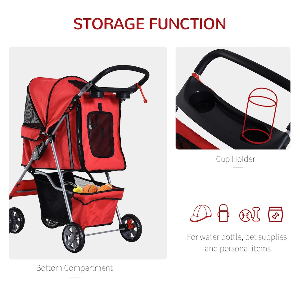 image 1 of PawHut Pet Stroller Carrier Foldable Deluxe Jogger Walk Travel Dog Cat Red