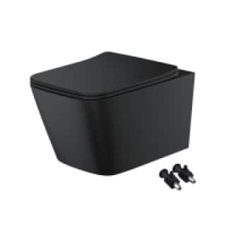 Bathrooms Matt Black Square Rimless 2.0 Wall Hung Toilet Pan & Soft Close Seat - Hidden Fixation