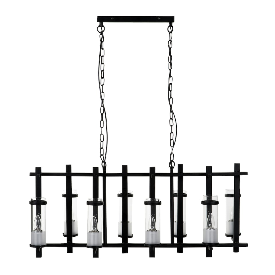 image 1 of Interiors by Premier Iron and Glass Wide Pendant Light, 8 Glass Bulbs with Industrial Black Iron Frame, Statement Ceiling Light