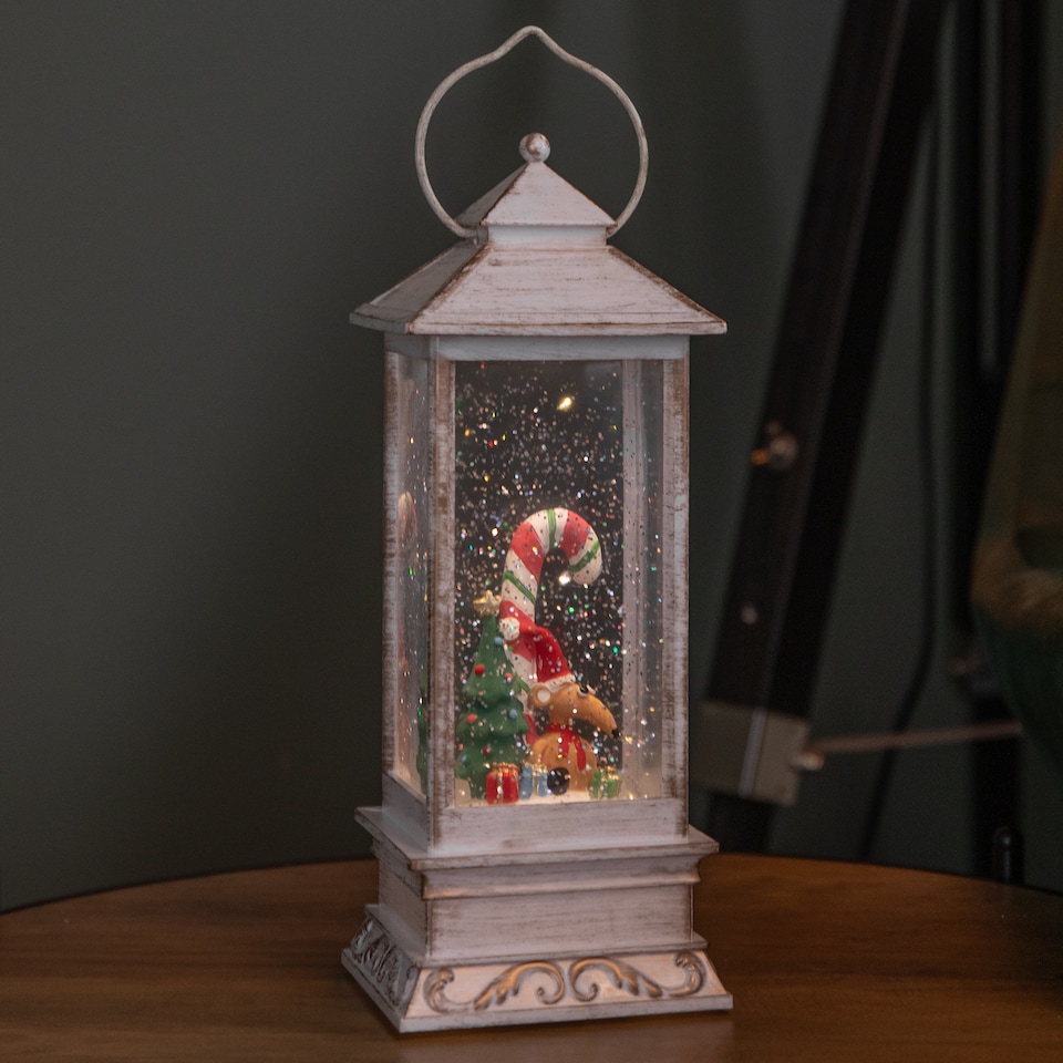 image 1 of 29cm LED Christmas Glitter Water Spinner Antique Lantern Snowy Mouse Scene