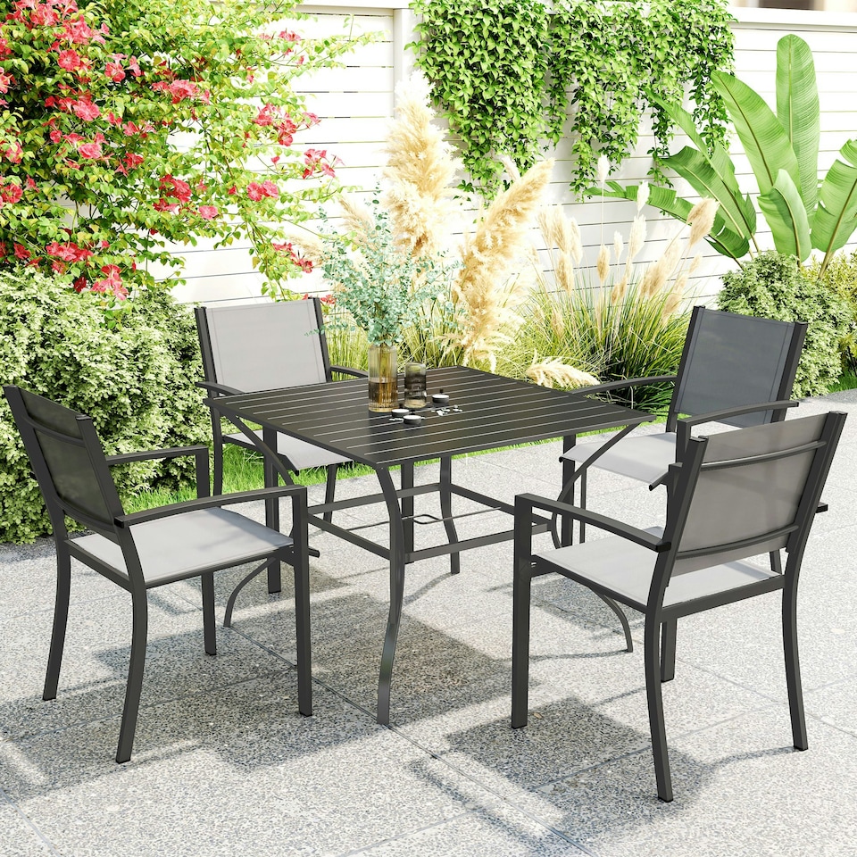 image 1 of Outsunny Garden Table with Parasol Hole for Four, Slatted Metal Plate Top Grey