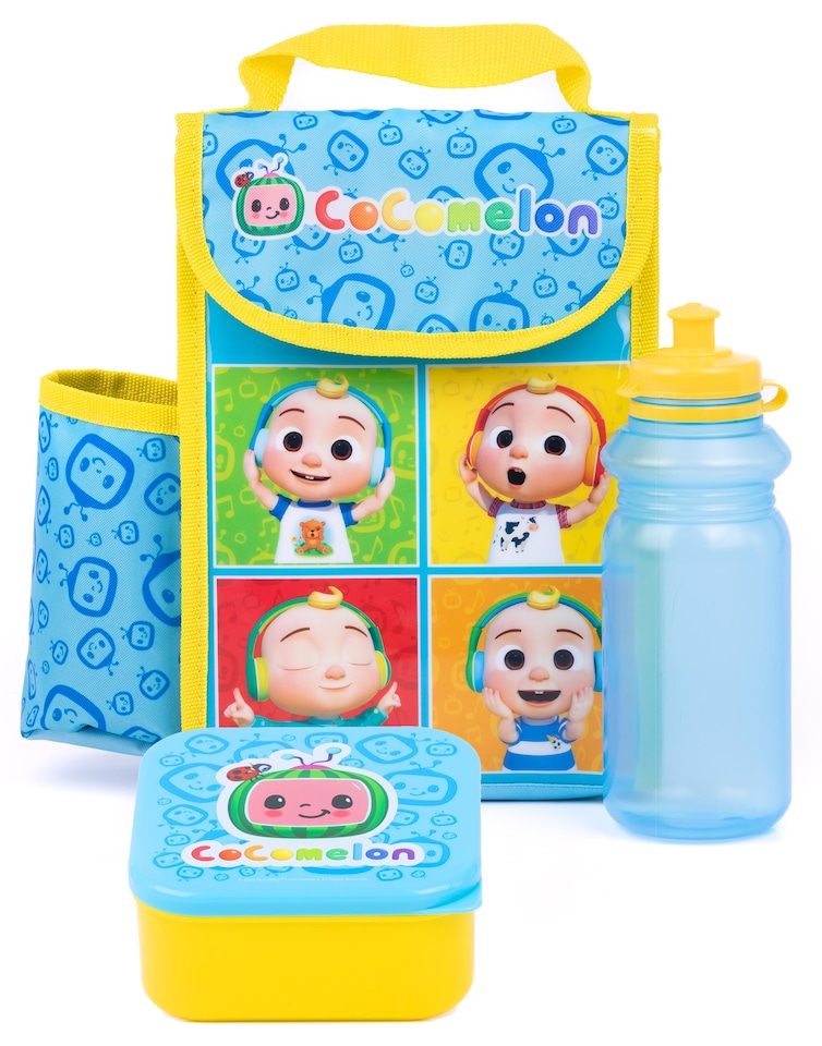 image 1 of CoComelon Lunch Box 3 Piece Set for Kids | Boys Girls Blue Yellow JJ Insulated Bag, Water Bottle & Snack Pot Merchandise