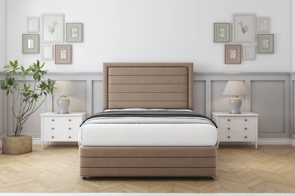 image 1 of Sloomy Ashford Mink Plush Divan Bed Base 2 Drawers Foot-End With 54 Inch Floor Standing Headboard & 12 Inch Matching Footboard | Brown | Mink | King | 1