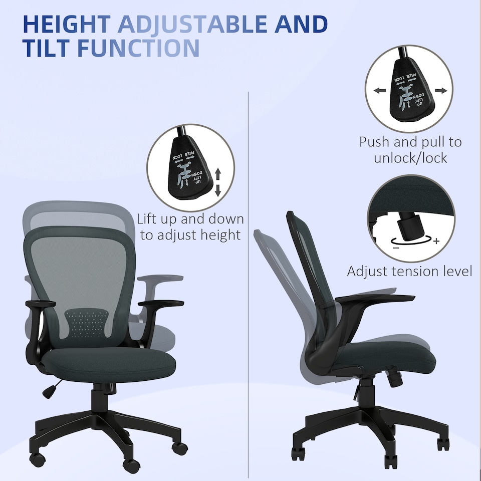 image 1 of Vinsetto Mesh Office Chair, Ergonomic Computer Desk Chair with Flip-up Armrest, Lumbar Back Support, Adjustable Height, Swivel Wheels, Charcoal Grey