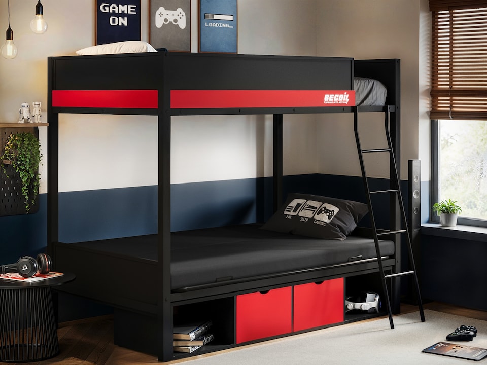 image 1 of Recoil Nova Storage Gaming Metal Bunk with Futon Black & Red