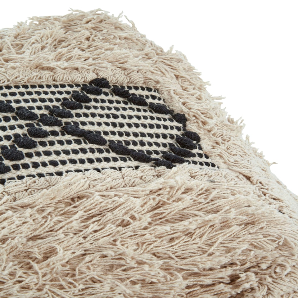 image 1 of Cefena Black and White Shaggy Pouffe Cream