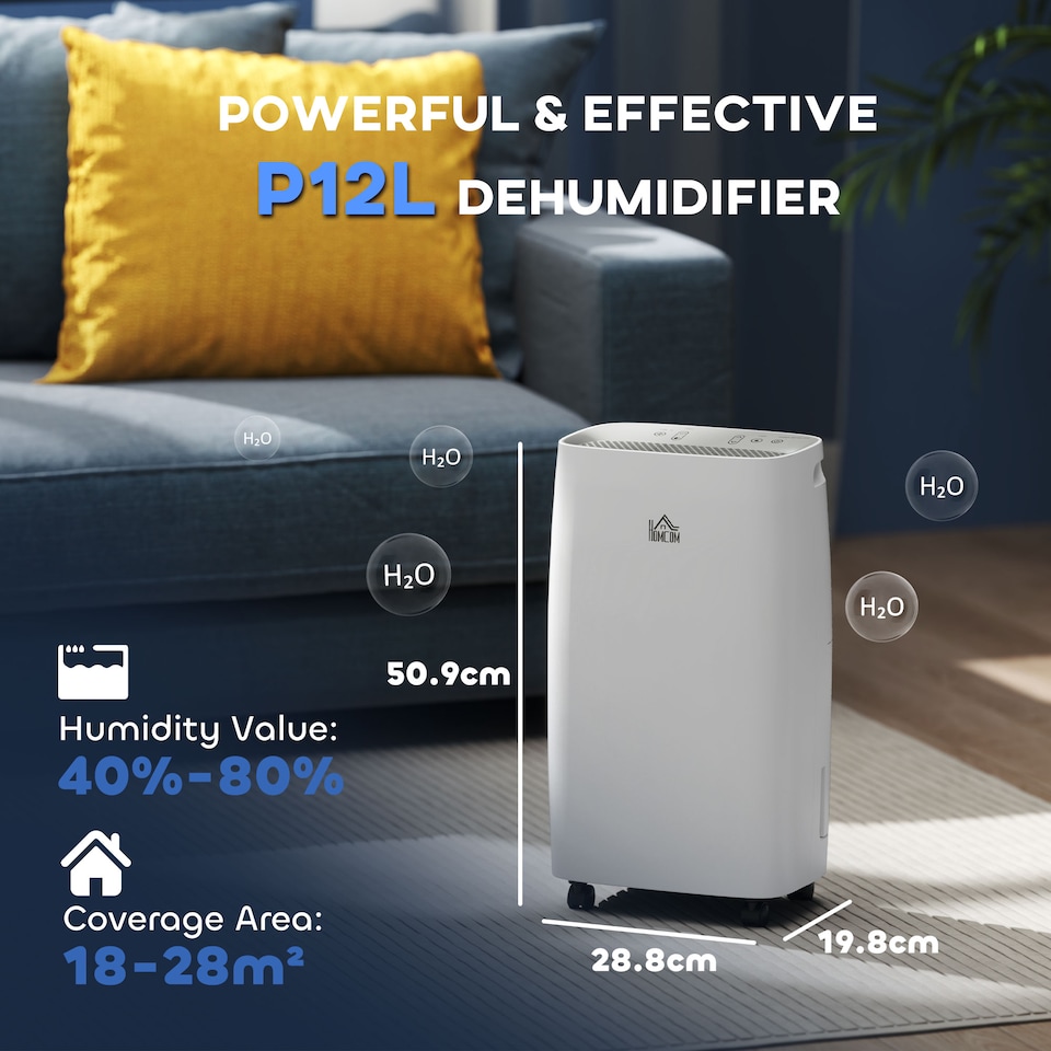 image 1 of HOMCOM 12LDay Dehumidifier with Continuous Drainage, 2.5L Water Tank, 24H Timer, Humidity Display, for Home Damp, Condensation, Mould and Laundry Drying, White