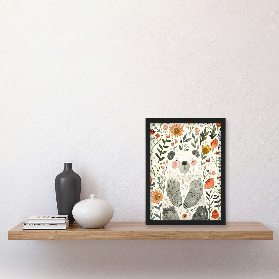 image 1 of Happy Baby Bear with Flowers Watercolour Kids Black Framed Wall Art Print A4