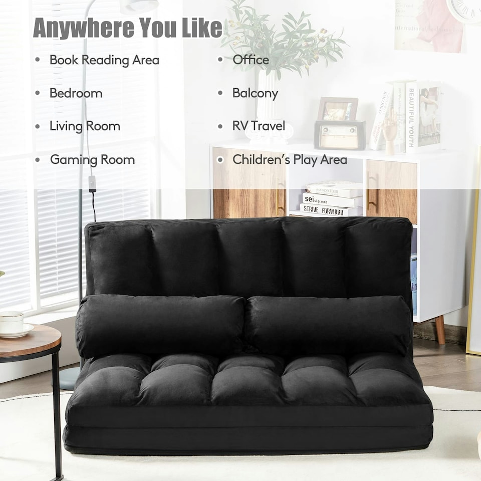 image 1 of COSTWAY Adjustable 6-Position Foldable Lazy Sofa Bed Black Black