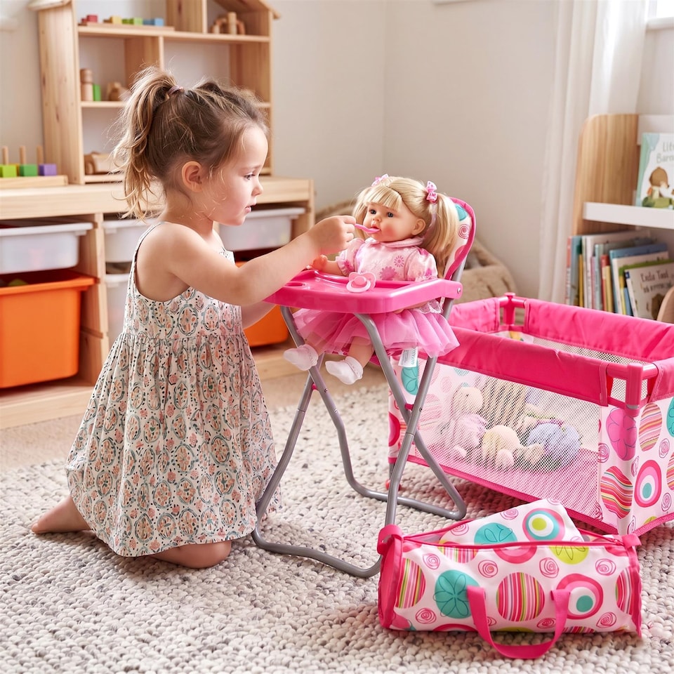 image 1 of BiBi Doll Folding Travel Nursery Set High Chair Cot Bed Pink Doll Accessories for 20 Inch Dolls