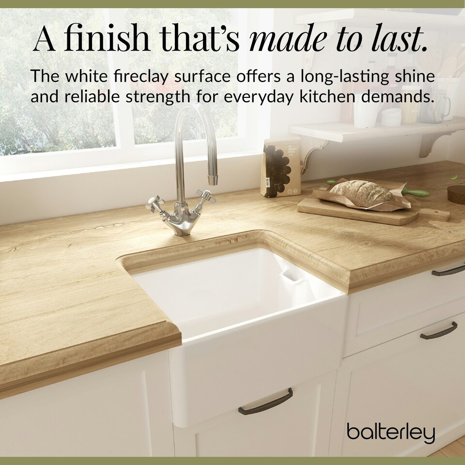 image 1 of Single Bowl Fireclay Compact Belfast Kitchen Sink & Basket Strainer Waste - 460mm