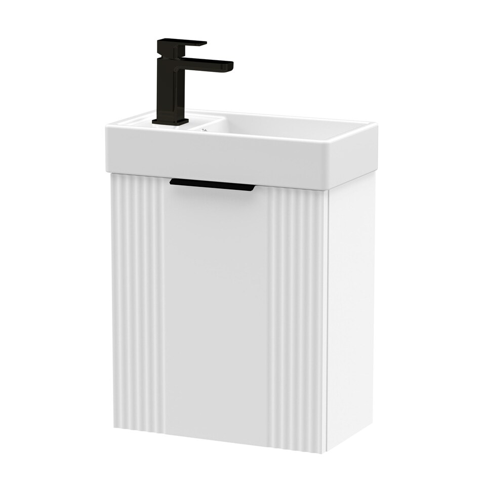 image 1 of Balterley Wall Hung Cloakroom Vanity Basin Unit with Handle Compact Bathroom Storage | White | Satin White | 438 x 400 x 222mm | 1