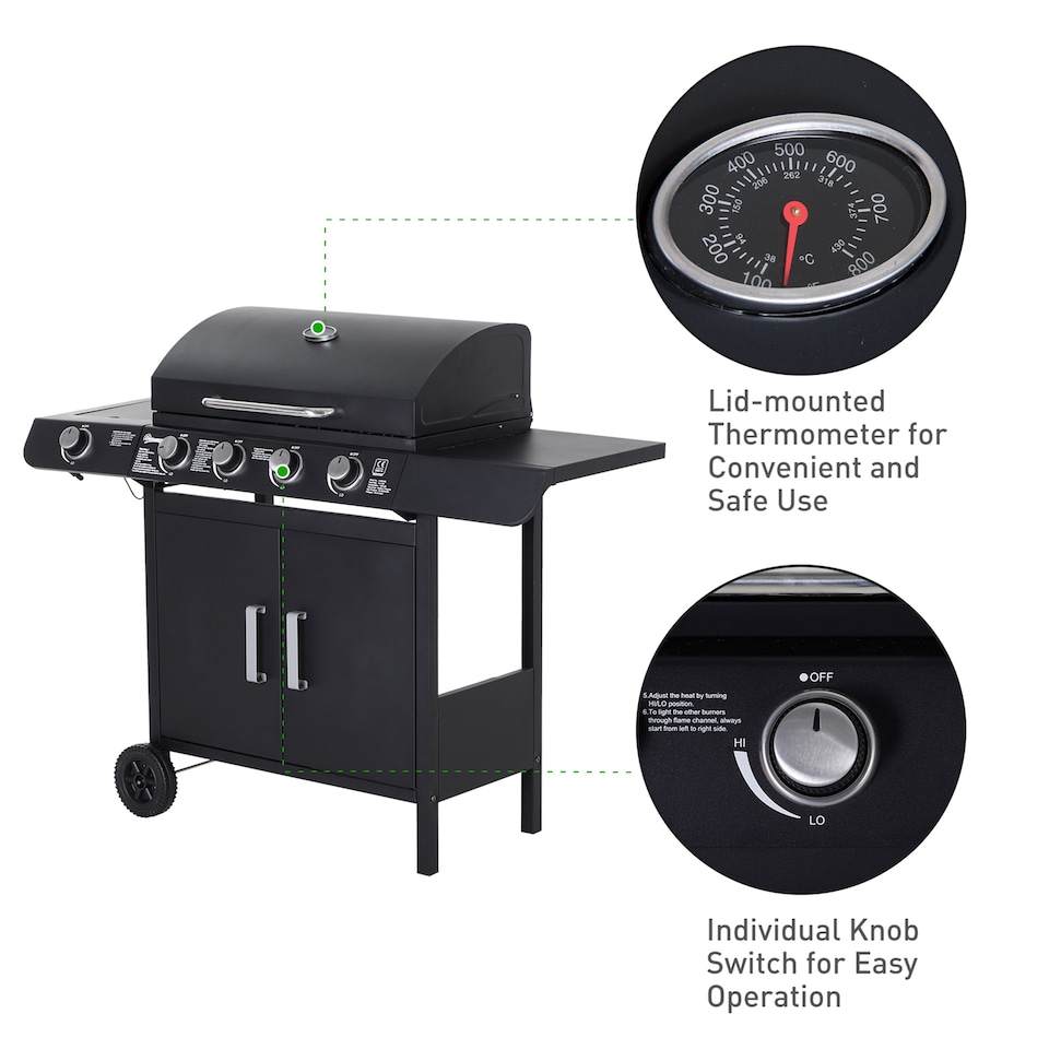 image 1 of Outsunny Gas BBQ Grill 4 + 1 Stainless Steel Burner Garden Barbecue Cooker | Black | Black | One Size