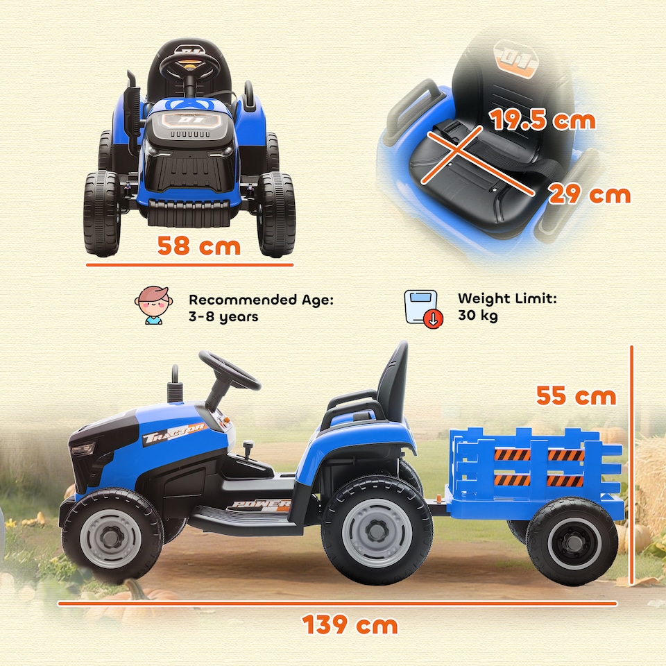 image 1 of AIYAPLAY Ride on Tractor and Trailer, 12V Electric Ride on Tractor, Blue