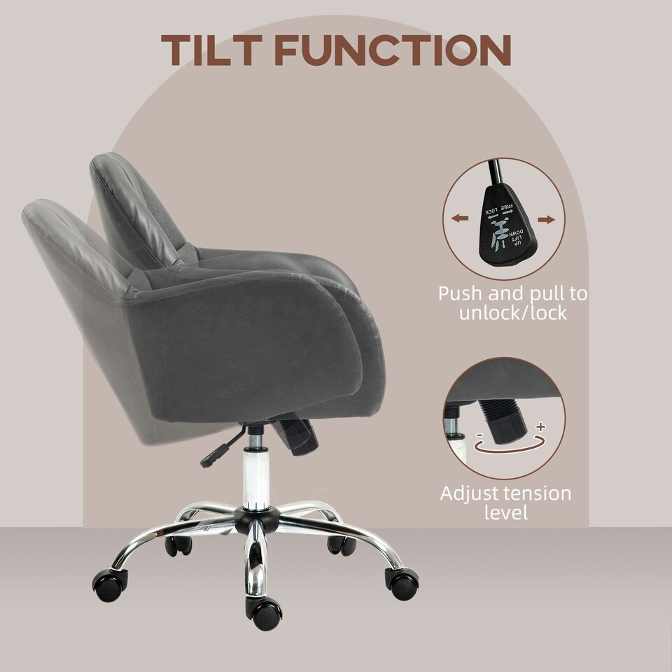 image 1 of HOMCOM Computer Desk Chair with PU Leather, Swivel Wheels, Grey