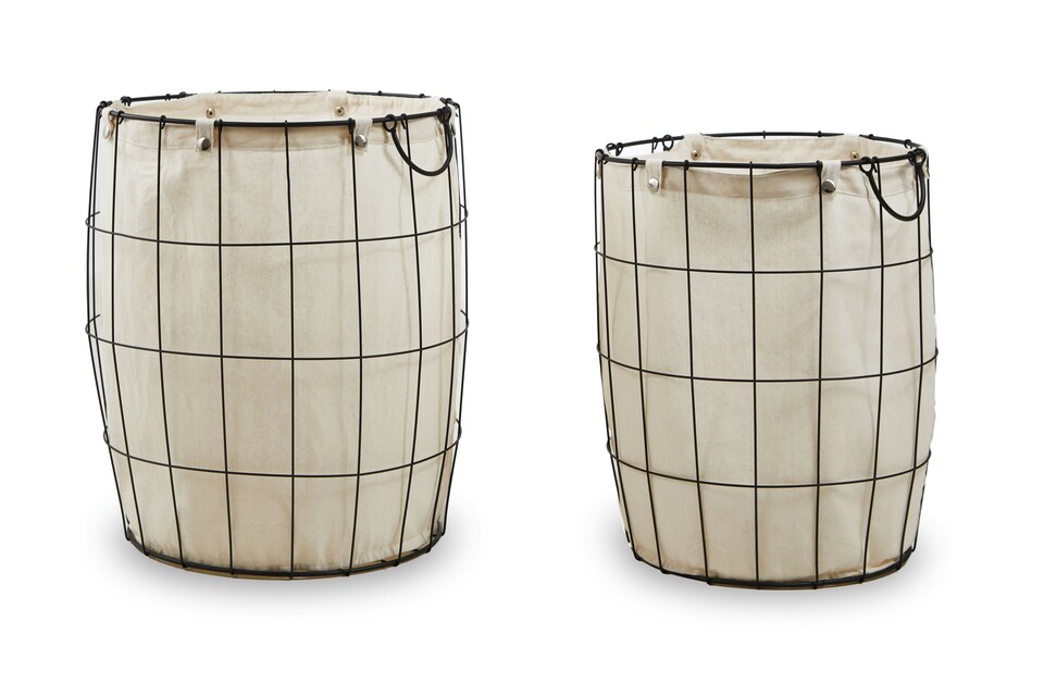 image 1 of Interiors By Premier Set Of Two Matte Black Laundry Baskets, Minimal Laundry Hampers With Cotton Liners, Round Wire Frame Baskets | Black