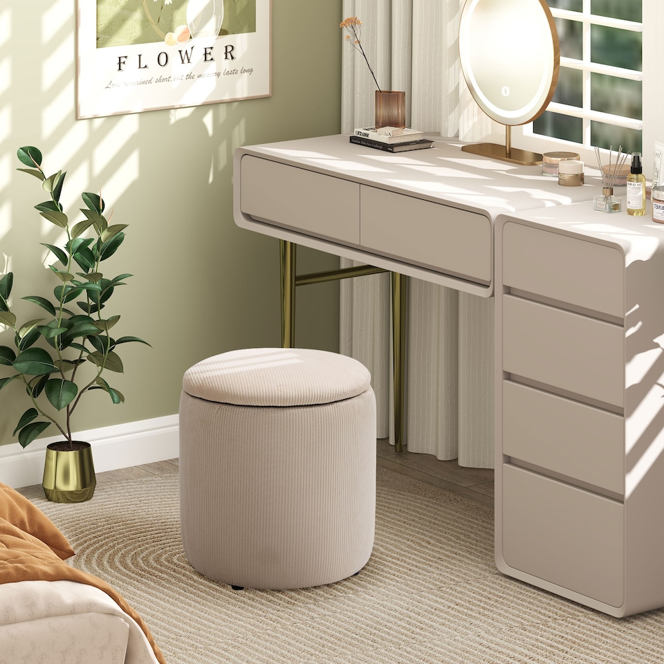 image 1 of HOMCOM Set of 2 Round Ottoman with Storage, Fabric Vanity Stool for Makeup, Footrest Stool with Removable Lid for Living Room & Bedroom, Cream White
