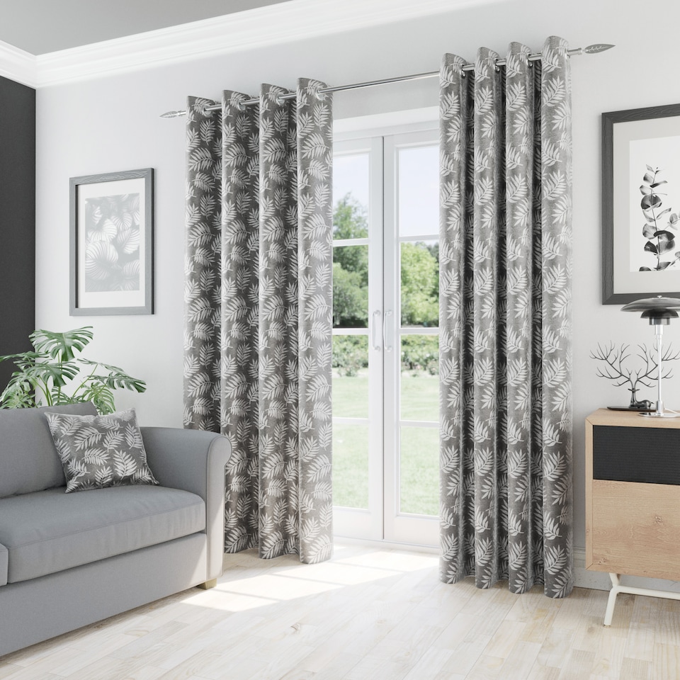 image 1 of Oakland Grey Leaf Pattern, Thermal, Room Darkening Pair of Curtains with Eyelet Top - 90 x 90 inch (229x229cm)
