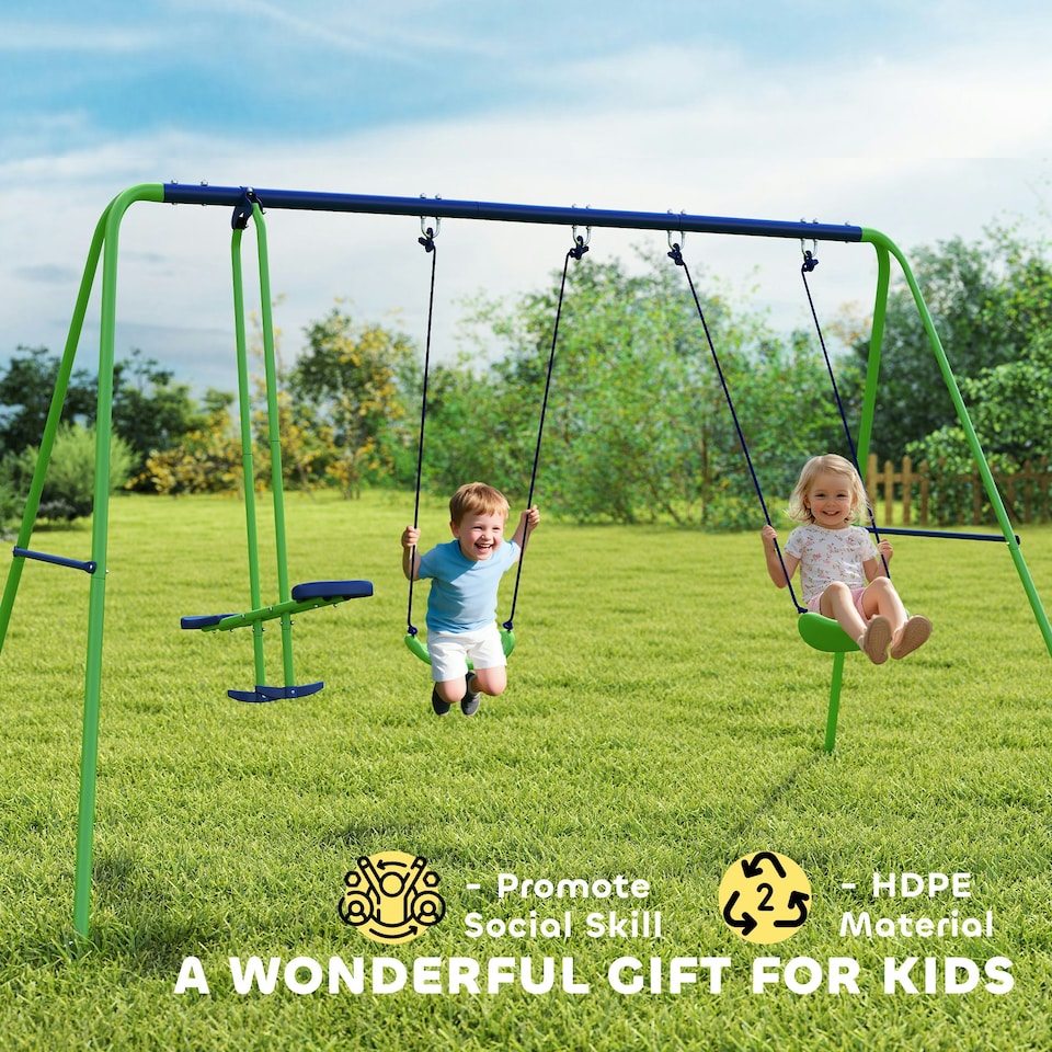 image 1 of Outsunny Metal Swings Set w/ Glider, Adjustable Height, Green