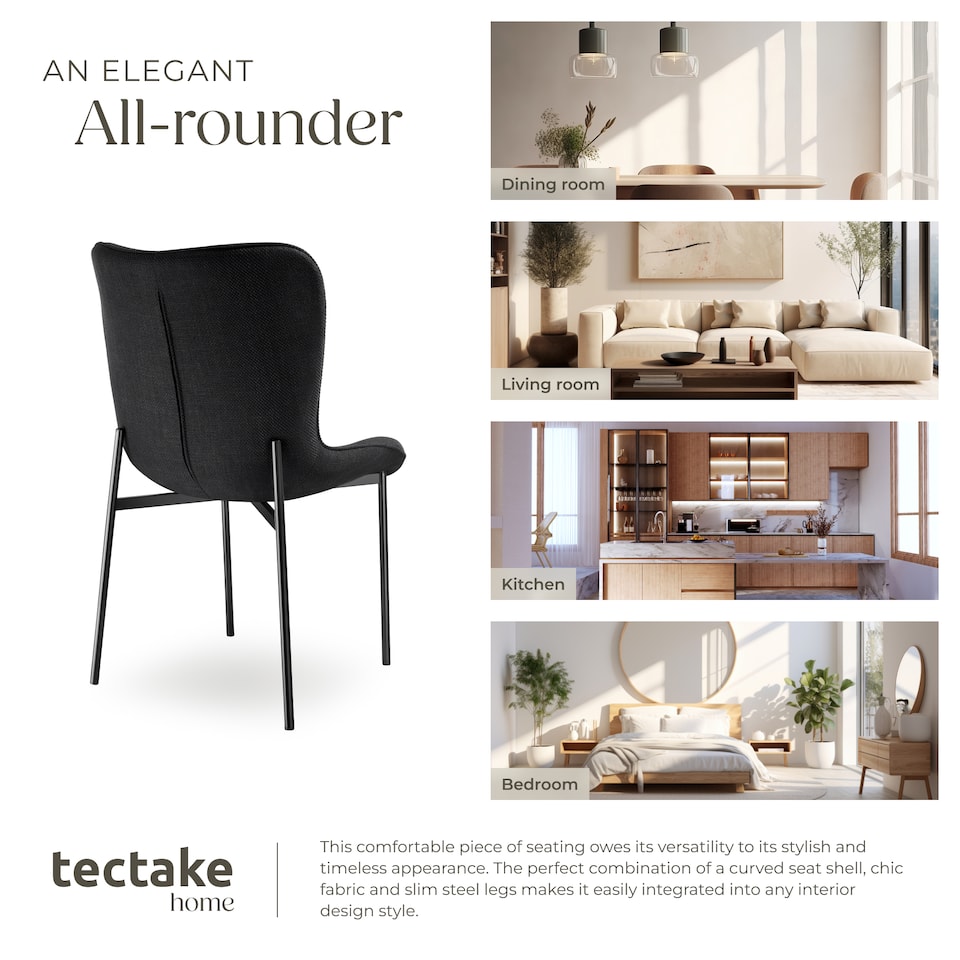 image 1 of Dining Chair Tessa - ergonomic high backrest, slim steel legs, soft fabric | Black | Woven fabric black/black | 1