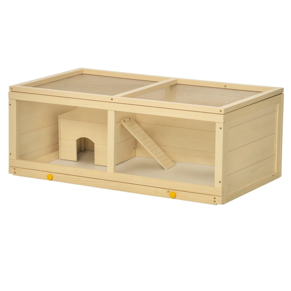 image 1 of PawHut Wooden Hamster Cage w/ Sliding Tray, Openable Top, Hut, Natural Wood