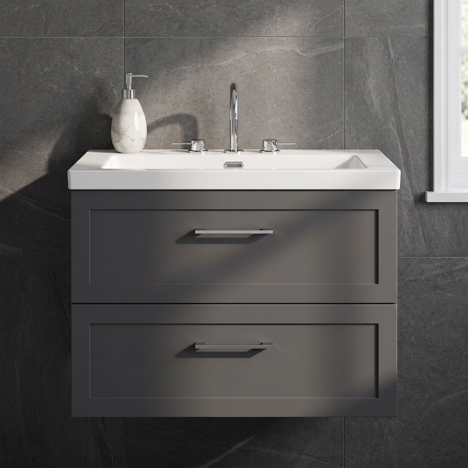 image 1 of Balterley Stonnall Traditional Wall Hung 2 Drawers Vanity Unit with 3 Tap Hole Fireclay Basin, 800mm, Dark Grey