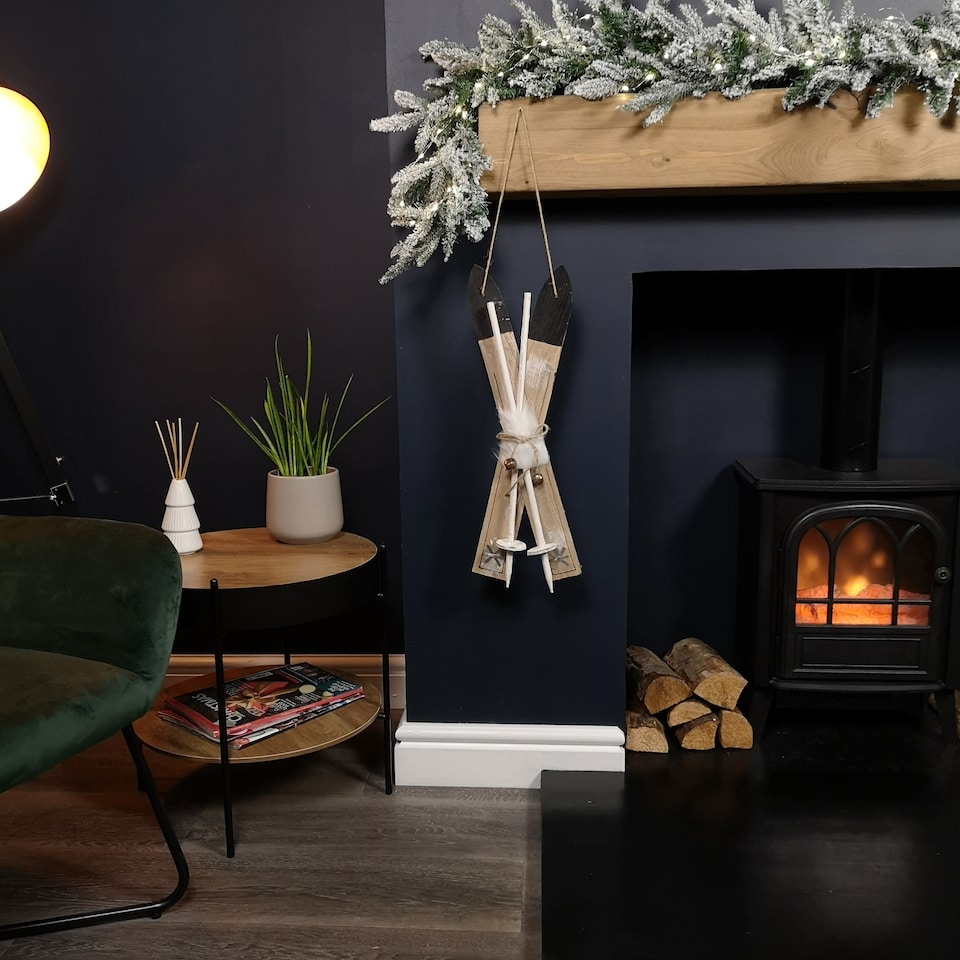 image 1 of 55cm Wooden Skis with Decorative White Fur and Silver Bells Christmas Decoration