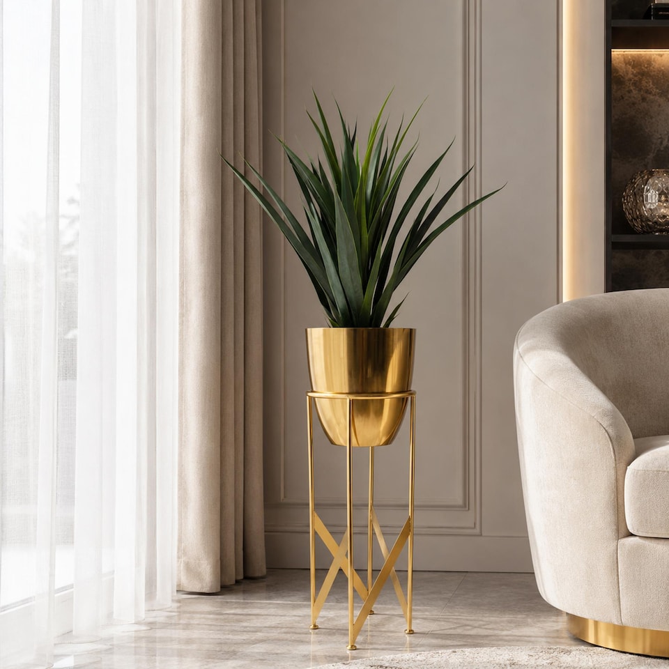 image 1 of 90cm Gold Planter with Artificial Yukka Plant