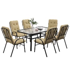 Outsunny 7 Pieces Garden Dining Set, Outdoor Rectangular Dining Table and 6 Cushioned Armchairs, Tempered Glass Top Table w Umbrella Hole, Texteline Seats, Beige