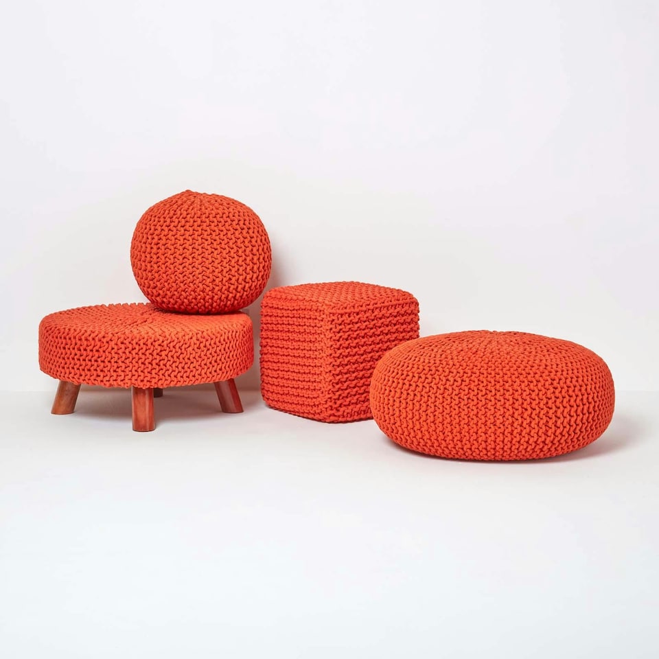 image 1 of Homescapes Burnt Orange Round Cotton Knitted Pouffe Footstool - 35 x 40 cm | Orange | H 35cm x W 40cm