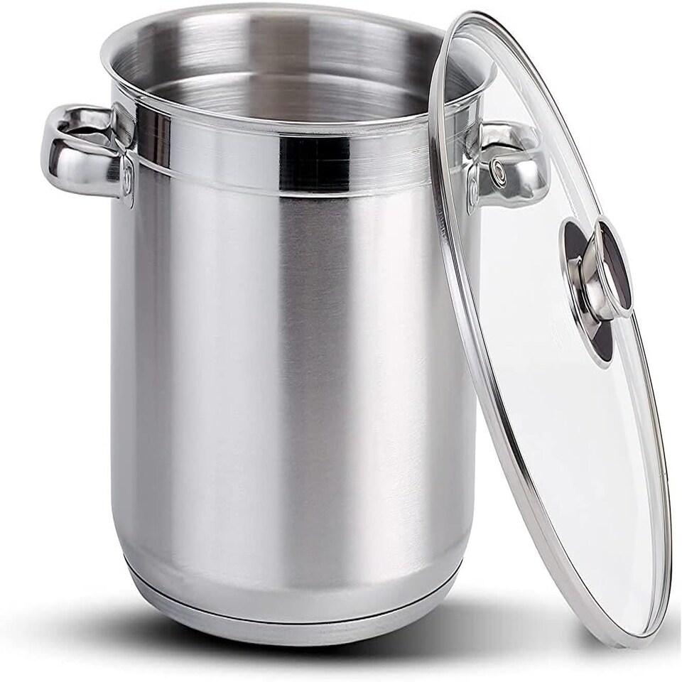 Stainless Steel Stock Pot with Vented Glass Lids- Deep Two Tone Silver Pot, Induction Base (22 cm Diameter - 6.5 Litre)