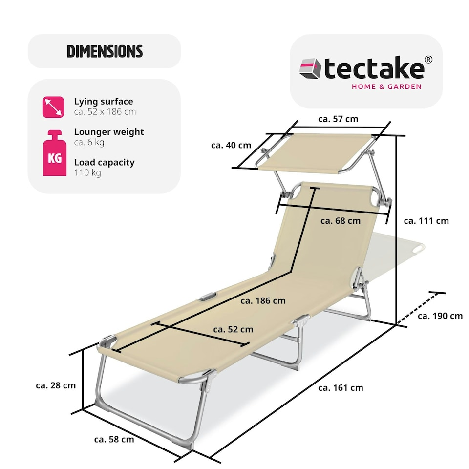 image 1 of Sun Lounger - foldable, adjustable sunshade and 4-step backrest Cream | Beige