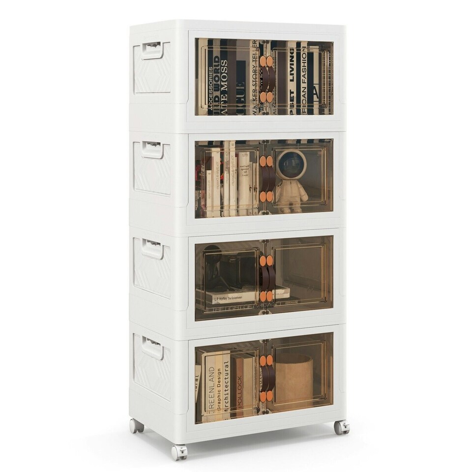 image 1 of COSTWAY 4 Pack Stackable Storage Cabinet Folding Organizer White