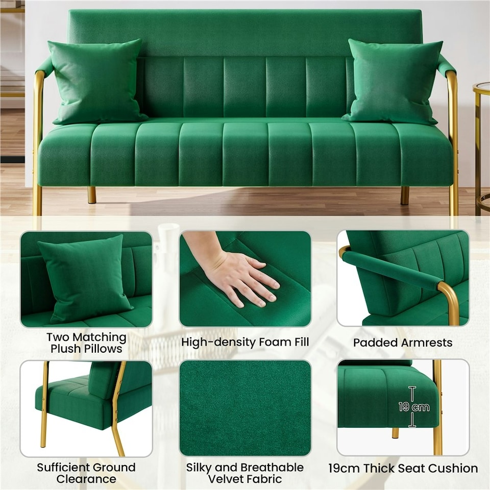 image 1 of Yaheetech Upholstered Sofa Couch with Gold-tone Metal Arms and Legs Green