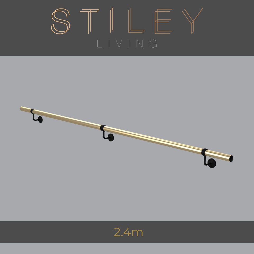 image 1 of Stiley Living 2.4m Brass & Matt Black Wall-Mounted Stair Handrail Kit, Brackets & Fixings