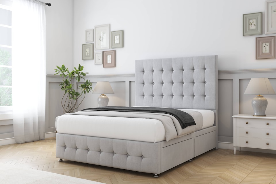 image 1 of Sloomy Berlin Silver Naples Divan Bed Base 2 Drawers Right Side With 54 Inch Floor Standing Headboard & 12 Inch Matching Footboard | Silver | Silver | Double | 1