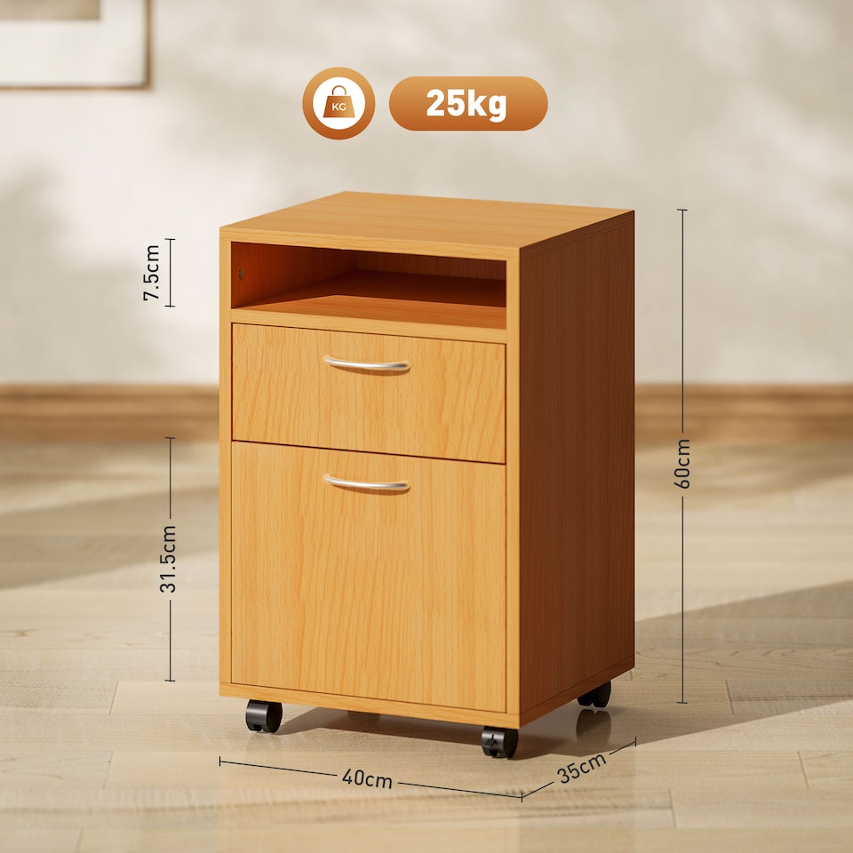image 1 of HOMCOM 60cm Filing Cabinet with Drawer, Open Shelf, Metal Handles and 4 Wheels, Office Home Organiser Mobile Printer, Natural Wood Finish