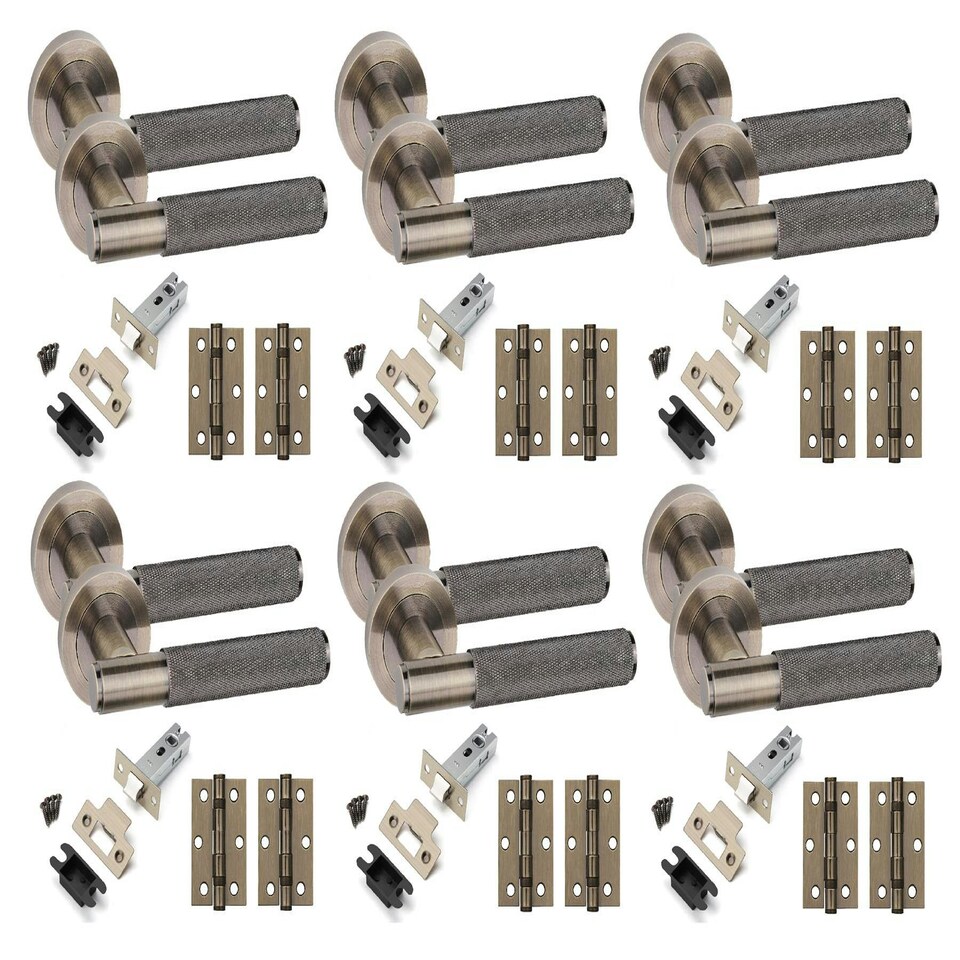 image 1 of Golden Grace 6 Sets Straight T-Bar Knurled Door Handles in Antique Brass Finish with Tubular Latch and 1 Pair of 3" Ball Bearing Hinges Bronze
