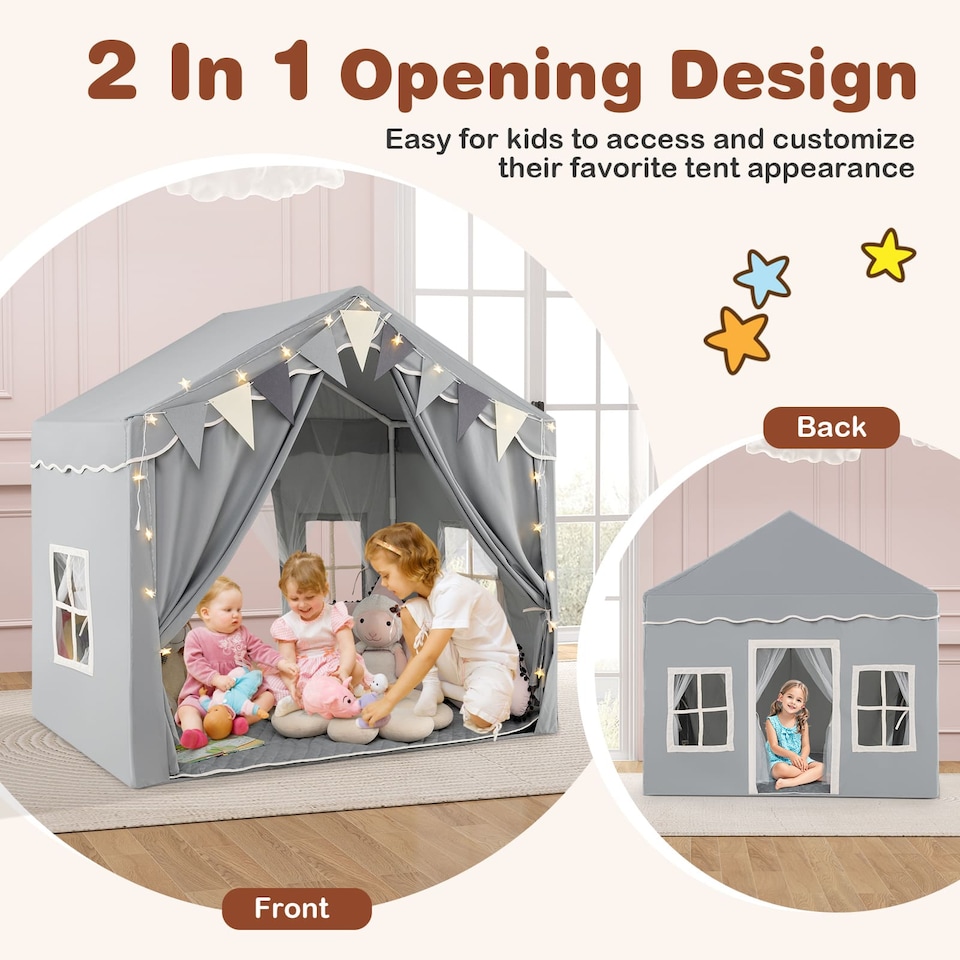 image 1 of COSTWAY Kids Play Tent 3-4 Kids Large Play Tent House w/2 Opening Doors-Grey