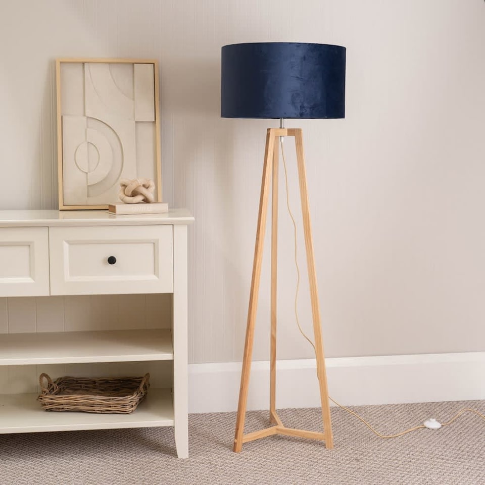 image 1 of ValueLights Lottie Natural Wood Tripod Floor Lamp Navy Blue Velvet Shade | Blue
