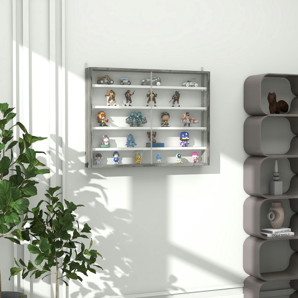 image 1 of HOMCOM 5-Tier Wall Display Shelf Unit Cabinet w/ Shelves Glass Doors Black/White