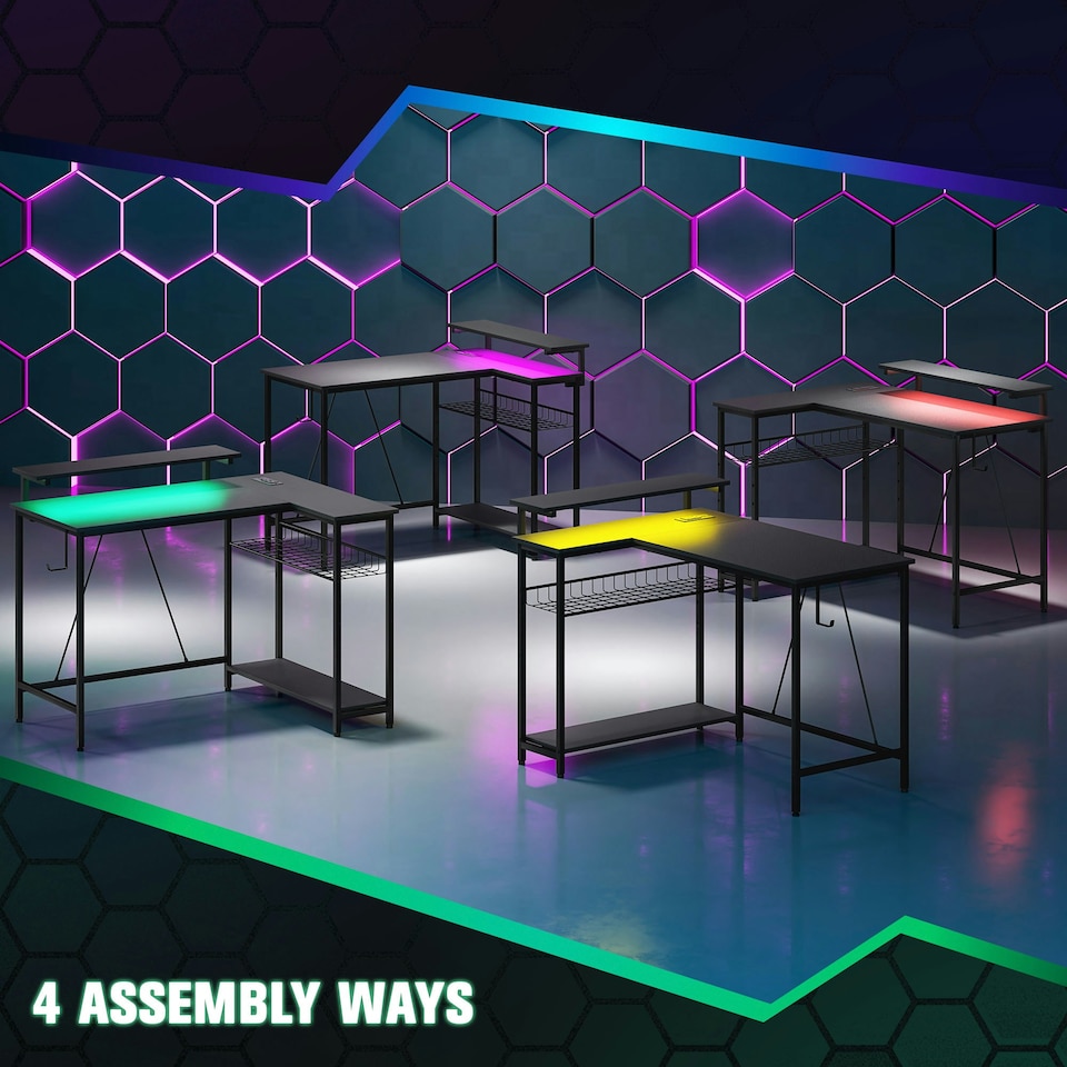 image 1 of HOMCOM L Shaped Desk with LED Lights Reversible Corner Gaming Desk with Storage