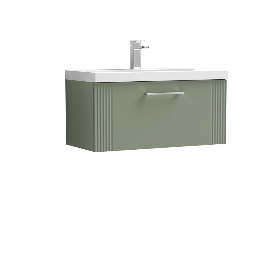 image 1 of Balterley Partial Fluted 1 Drawer Wall Hung Vanity Unit with Mid-Edge 1 Tap Hole Ceramic Basin | Green | Satin Green
