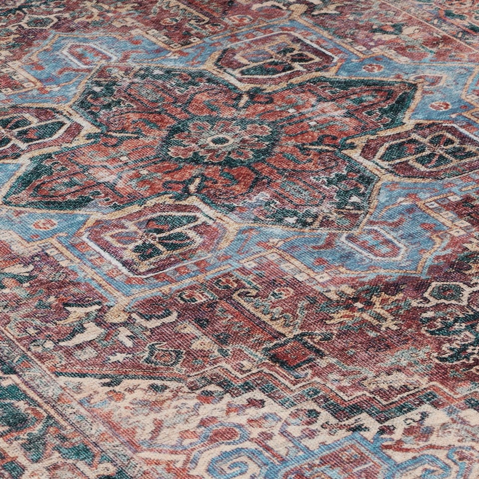 image 1 of KUKOON Red Teal Floral Medallion Non Slip Washable Low Pile Rug 120cm x 170cm Multi