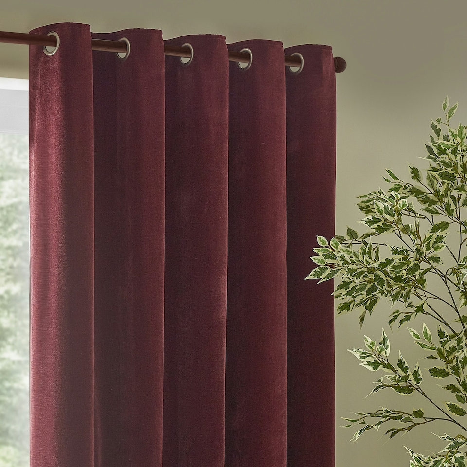 image 1 of Yard Heavy Chenille Velvet Room Darkening Eyelet Curtains | Red