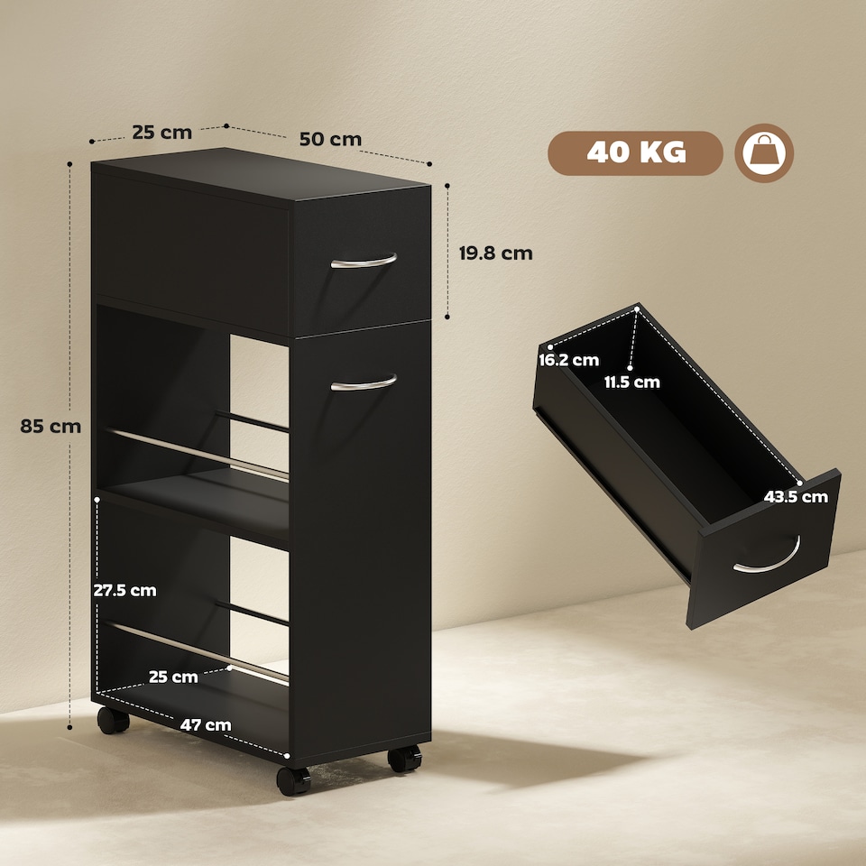 image 1 of HOMCOM Rolling Storage Unit with Drawer Surface Top and 4 Wheels, Black