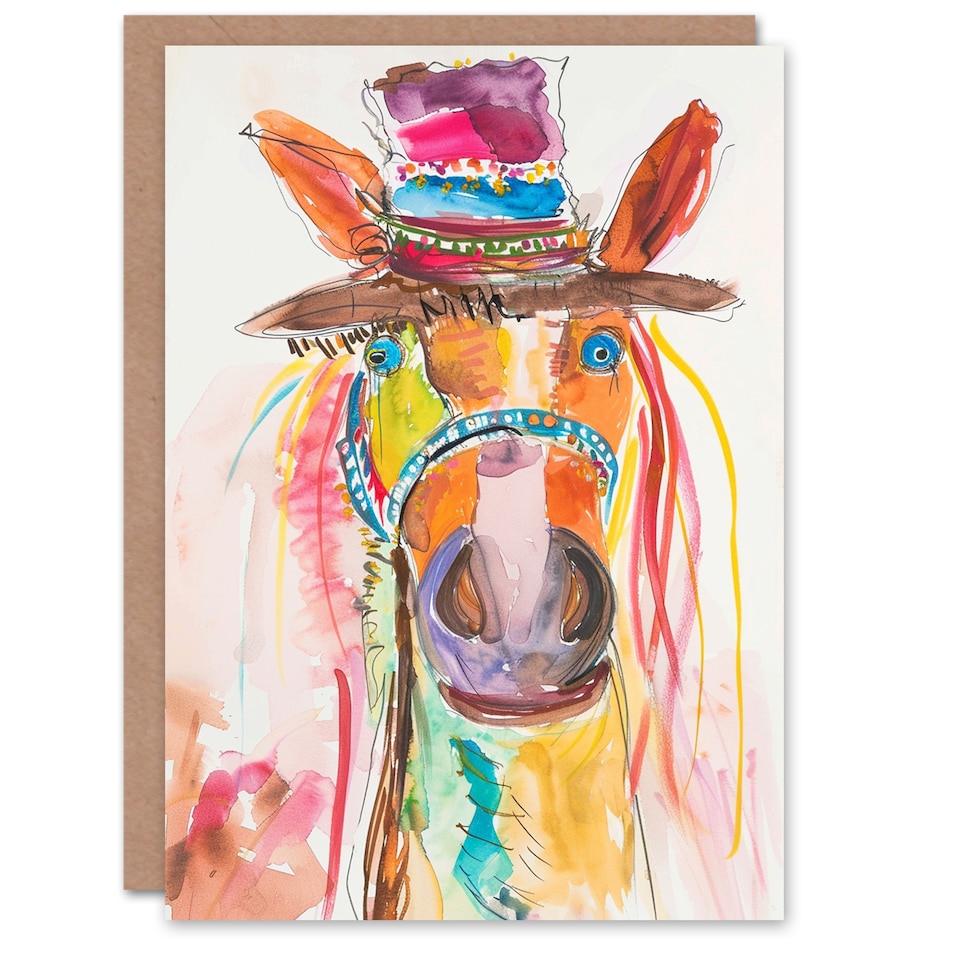 image 1 of Hippie Horse Hat Fun Colourful Child Painting Birthday Card