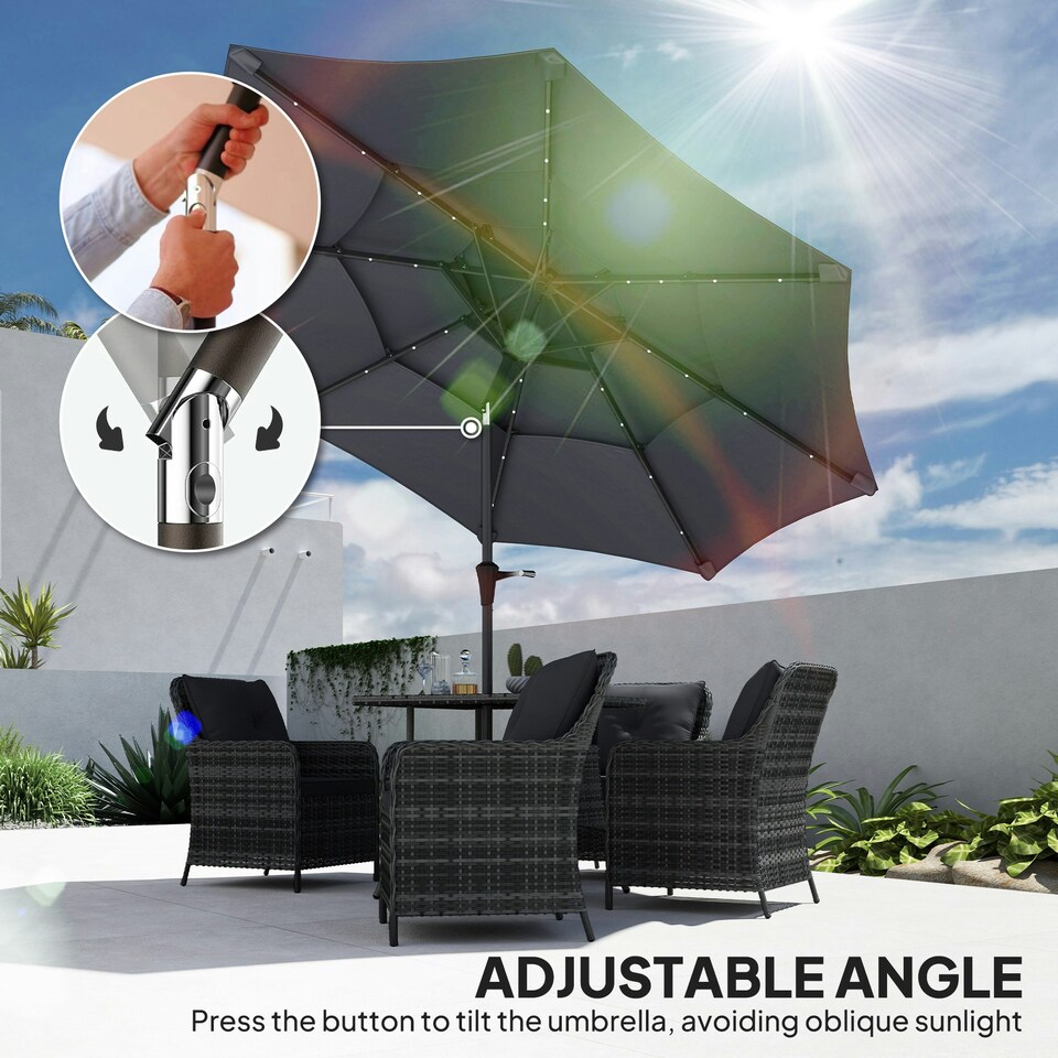 image 1 of Outsunny 3-Tier Garden Parasol w/ Solar LED Lights, Tilt, Crank Handle 