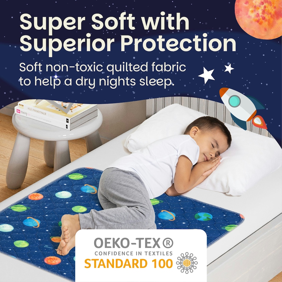 image 1 of Toddler Potty Training Bed Pads - Non-Slip - Soft Waterproof Bedwetting Pee Protector Mat for Kids - Multi-Layer, Washable, Absorbs Up to 2000ml - 90 x 85cm Blue | Astronaut | Single