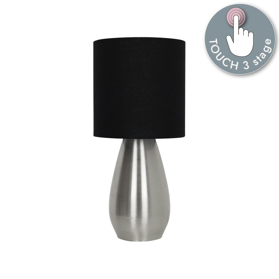 image 1 of First Choice Lighting Bullet Satin Nickel Touch Table Lamp with Black Fabric Shade Silver | Black